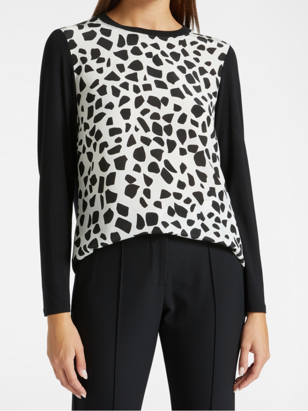 ELENA MIRO Dual-fabric Blouse with Printed Silk Black White Women’s Size Large
